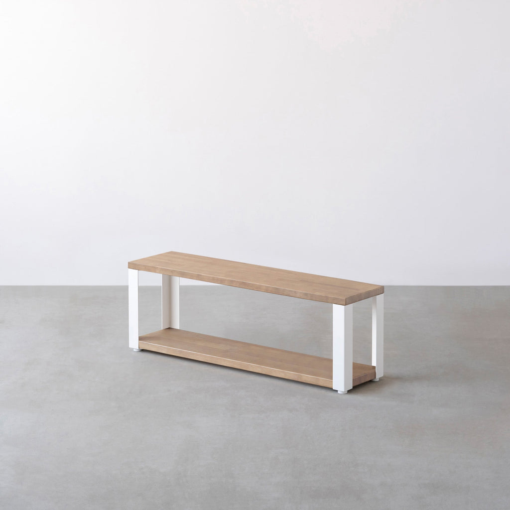 Kanademonoのラバーウッド材アッシュグレーの棚板とホワイトの鉄脚の２段ストレージシェルフS