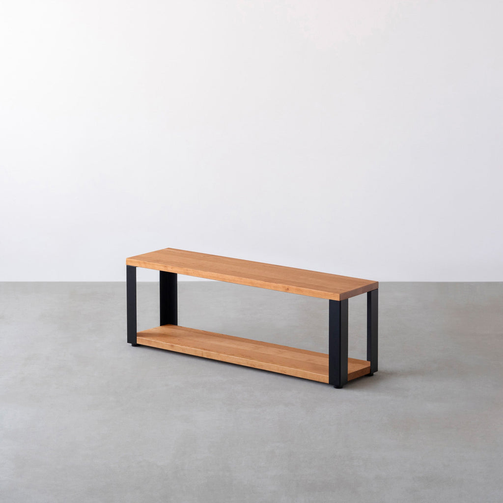 Kanademonoのブラックチェリー無垢材の棚板とマットブラックの鉄脚の４段ストレージシェルフS