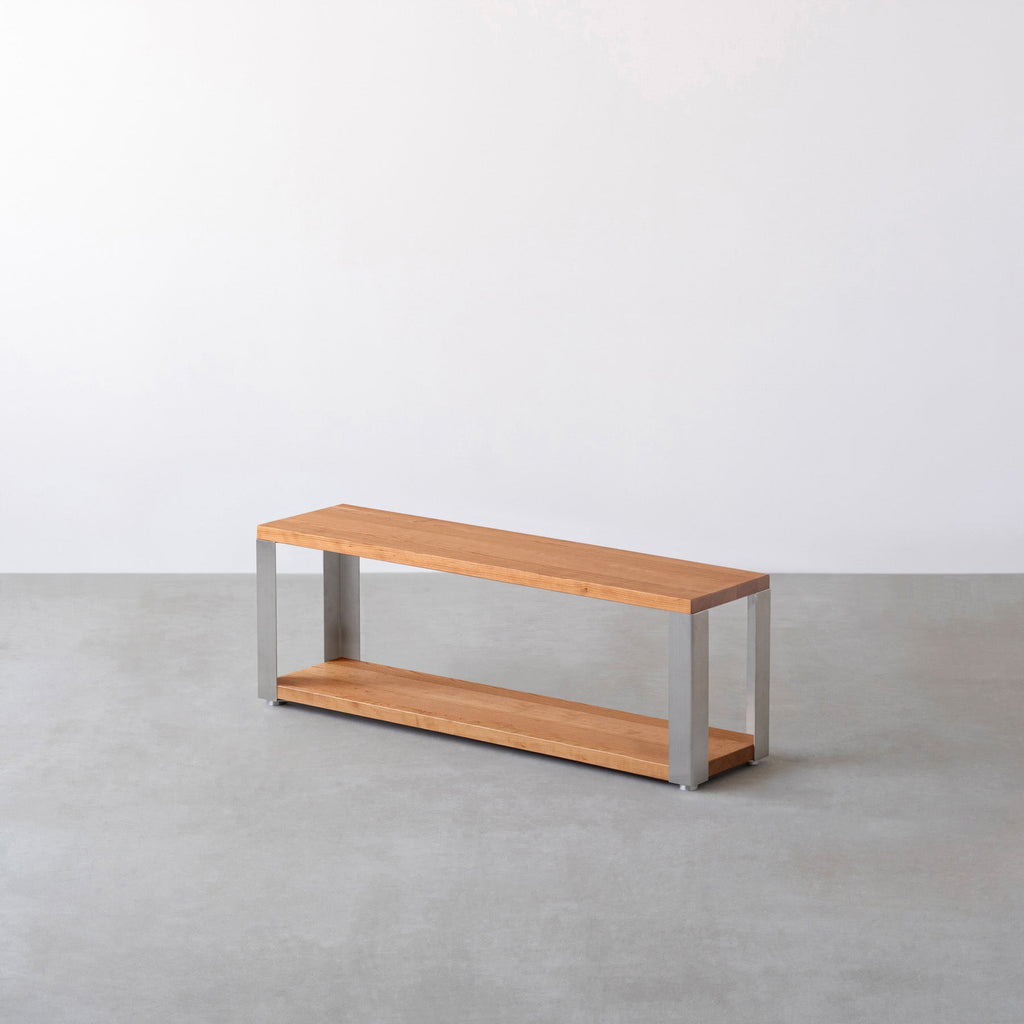 Kanademonoの無垢材ブラックチェリーの棚板とステンレスの鉄脚の２段ストレージシェルフS