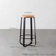 KANADEMONOのラバーウッド ナチュラルRound座面とブラックのCross Plate脚を合わせたシンプルモダンなハイスツール（寸法画像）