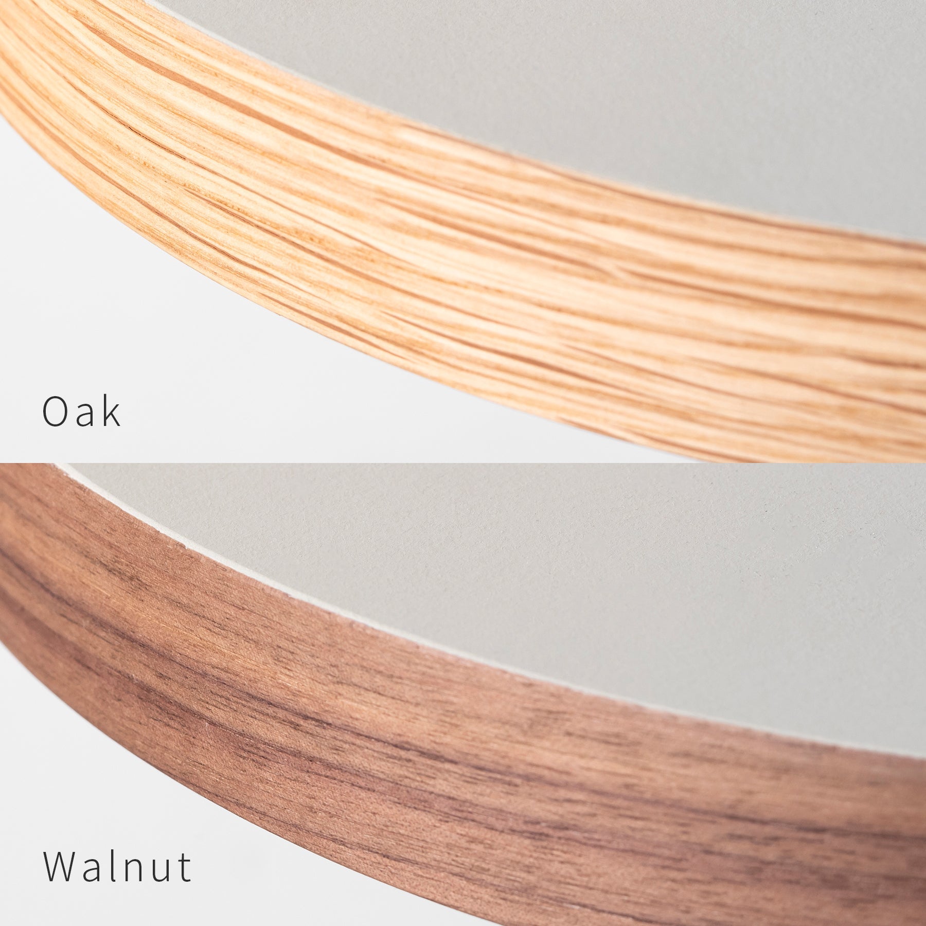 KanademonoのリノリウムPebble Round座面とステンレスのCross Plate脚を合わせたシンプルモダンなスツールの木口画像（上：オーク/下：ウォルナット）