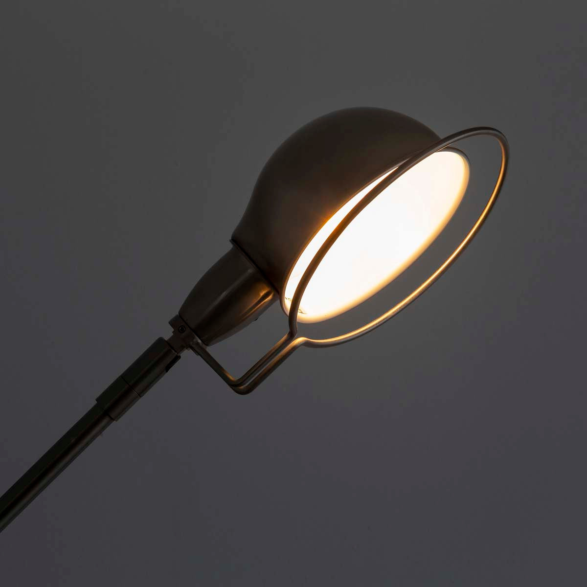 丸みを帯びたヘッドがユニークなシルバーのフロアライトに明かりを灯して