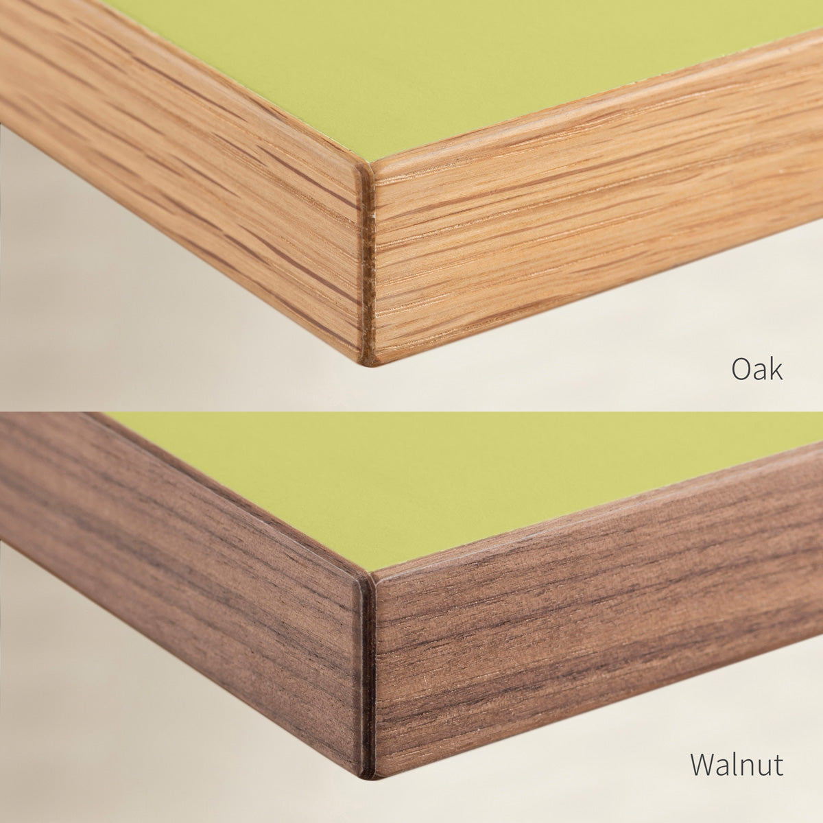 KanademonoのリノリウムSpring_green天板の木口画像（上：オーク/下：ウォルナット）