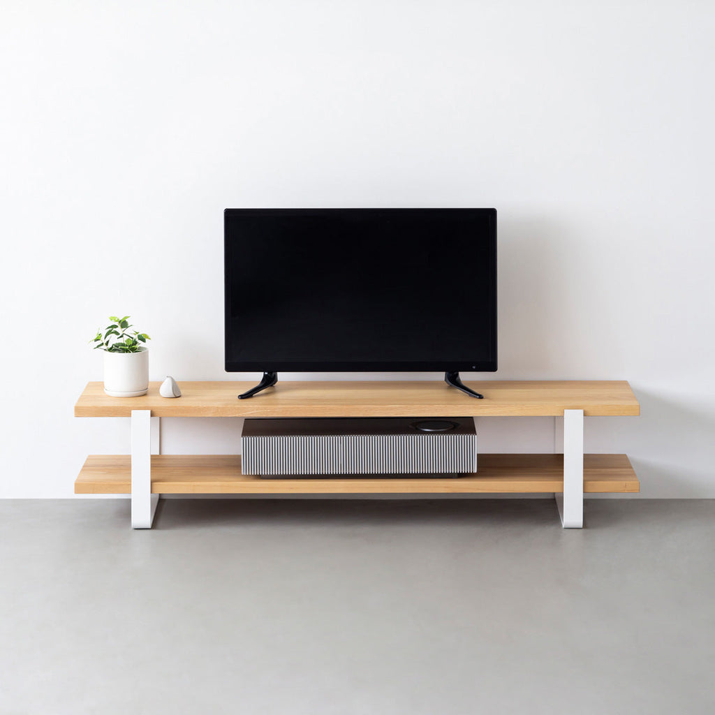 スマート造作テレビボード / 無垢 ホワイトアッシュ × 白スチール脚