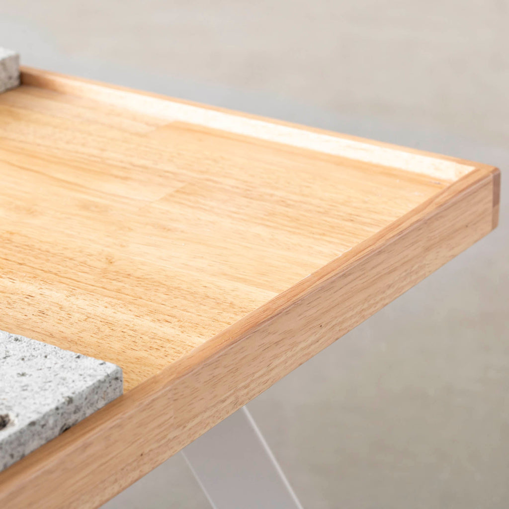 スマート造作ローテーブル / 大谷石 × ラバーウッド × ステンレススチール脚